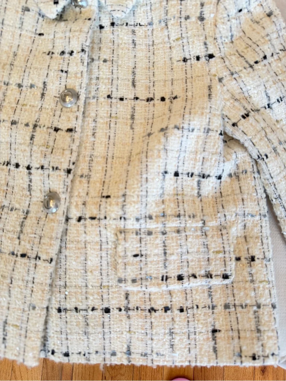 Zara Cream Tweed Boxy Cropped Blazer with Black Thread Detail
